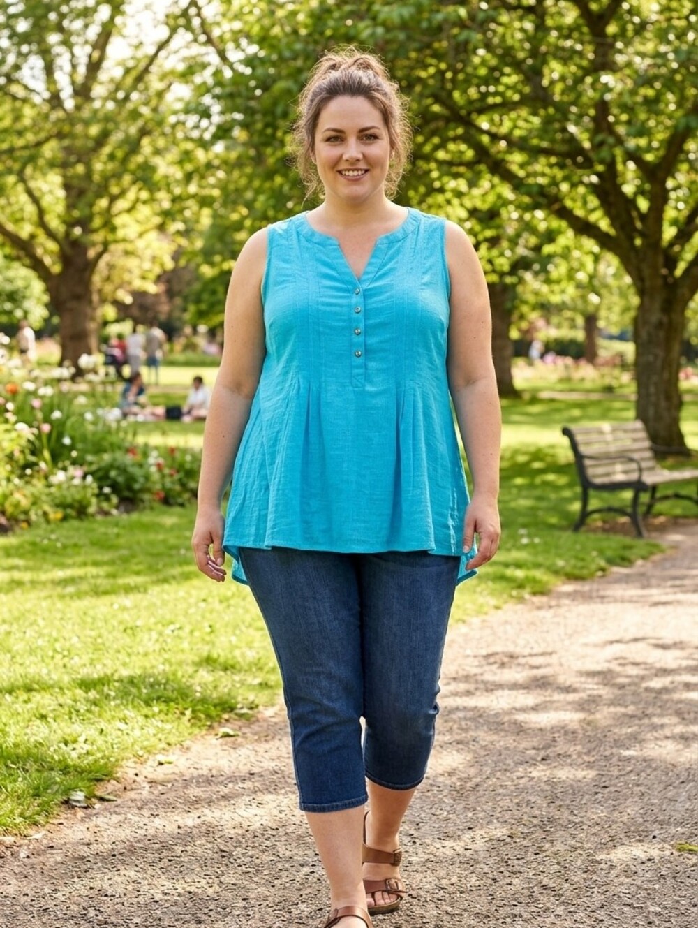 Avenue Sleeveless Button Henley Top in Blue